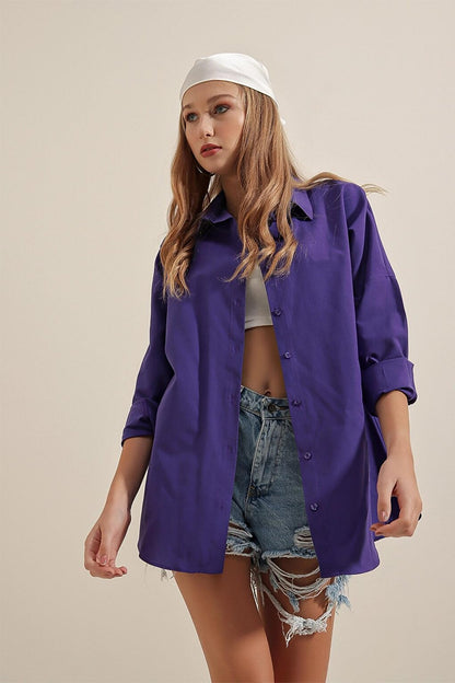 Dark Purple Plain Plain Araboy Basic Oversize Shirt