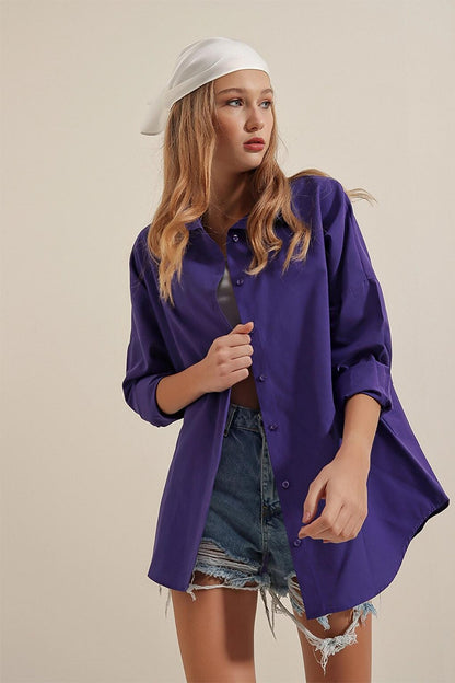 Dark Purple Plain Plain Araboy Basic Oversize Shirt