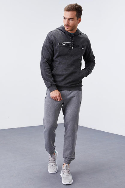 Anthracite Melange Kangaroo Pocket Standard Fit Hooded Men's Sweatshirt - 87883