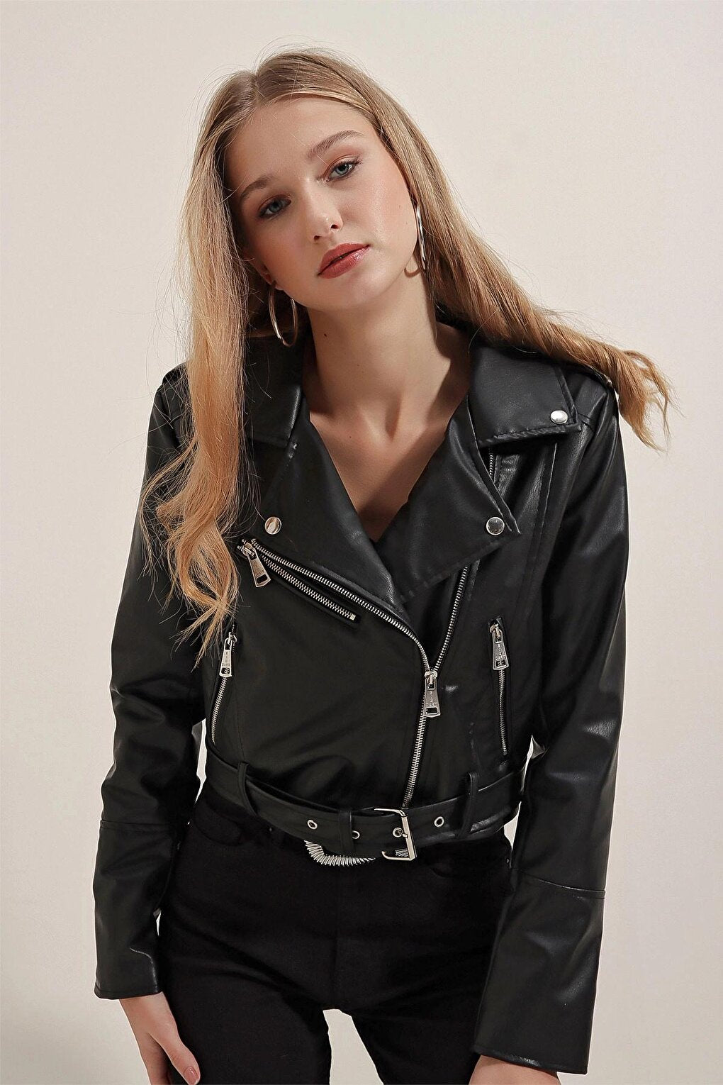 Black Zippered Chain Detailed Short Leather Coat with Belted Skirt