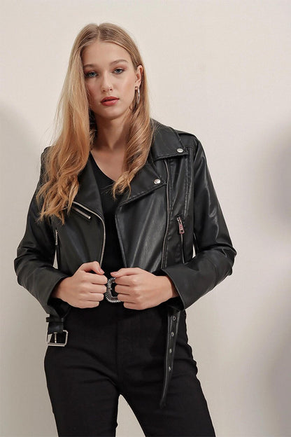 Black Zippered Chain Detailed Short Leather Coat with Belted Skirt