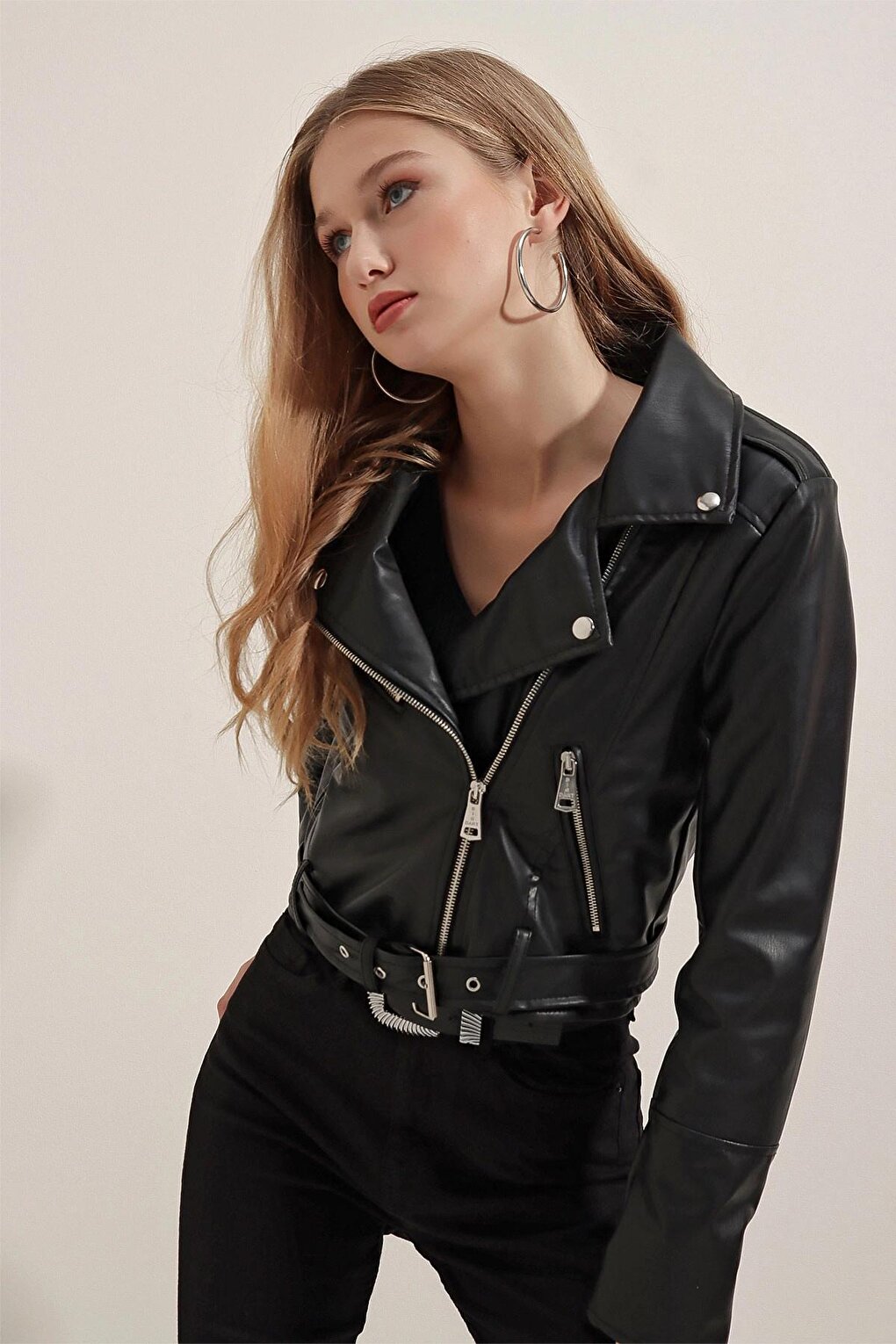 Black Zippered Chain Detailed Short Leather Coat with Belted Skirt