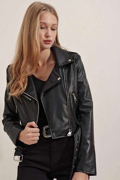 Black Zippered Chain Detailed Short Leather Coat with Belted Skirt