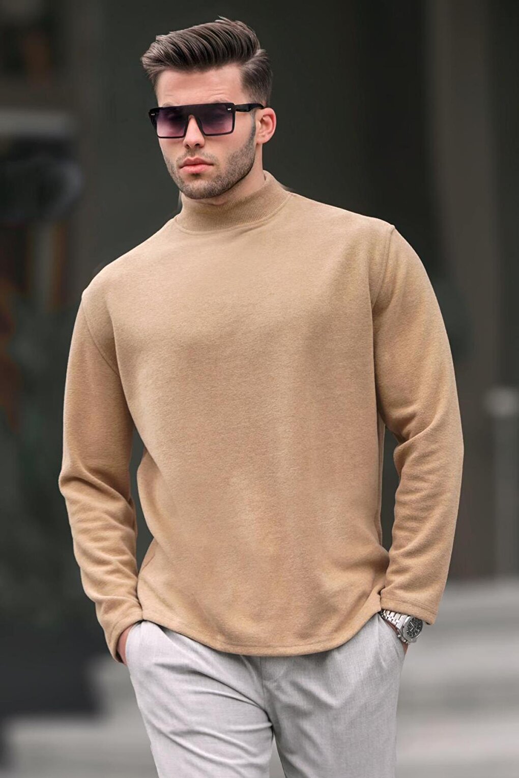 Beige Turtleneck Oversize Men's Sweater 6114