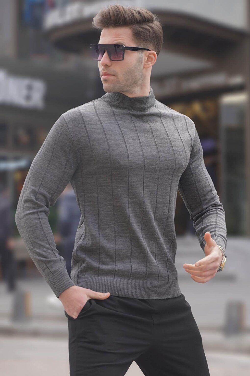 Anthracite Slim Fit Half Turtleneck Striped Men's Pilling-Free Knitwear Sweater 6344