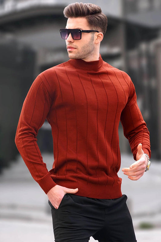 Brick Slim Fit Half Turtleneck Striped Men's Pilling-Free Knitwear Sweater 6344