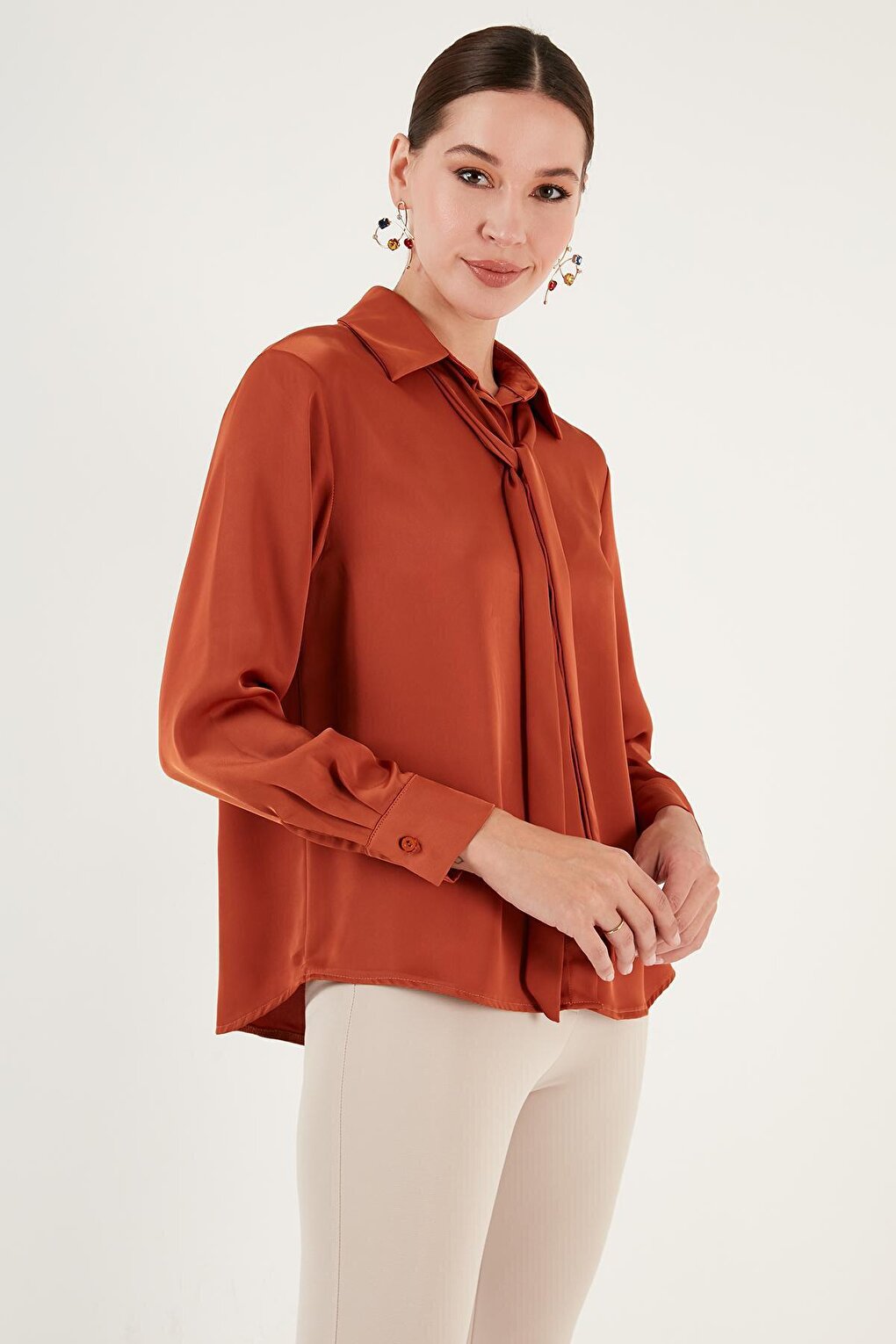 Regular Fit Satin Shirt with Tie Detail 611GO00159