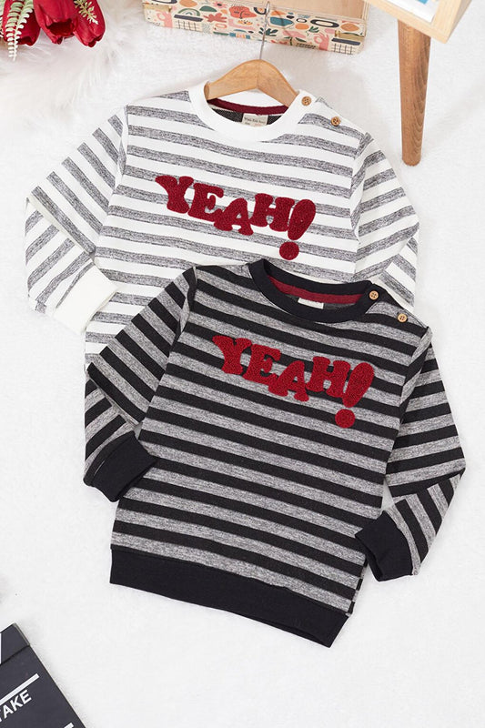 Baby Boy Text Embroidered Striped 2-Piece Sweatshirt Black-Grey 17357