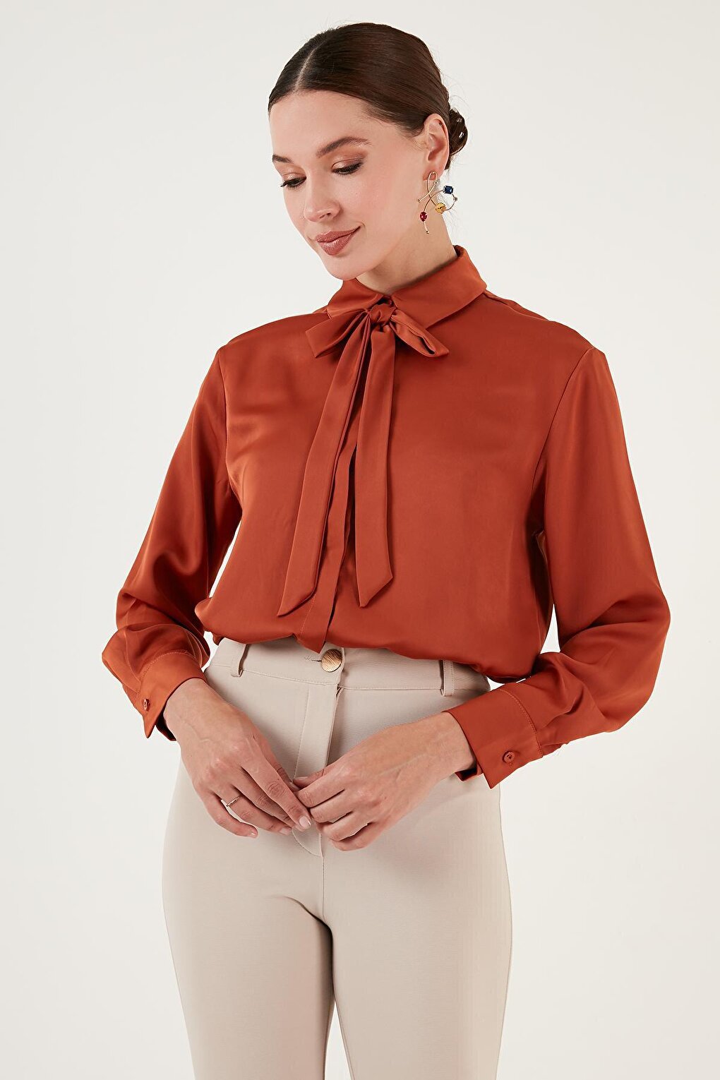 Regular Fit Satin Shirt with Tie Detail 611GO00159