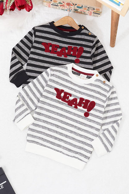 Baby Boy Text Embroidered Striped 2-Piece Sweatshirt Black-Grey 17357