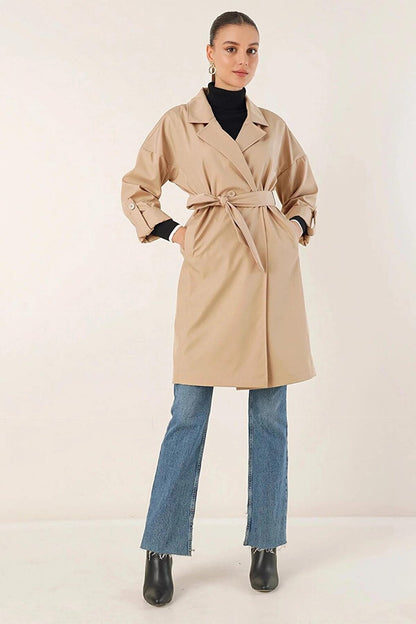 Women's Cream Belted Pocket Lined Double Breasted Collar Short Trench Coat HZL23W-BD191041