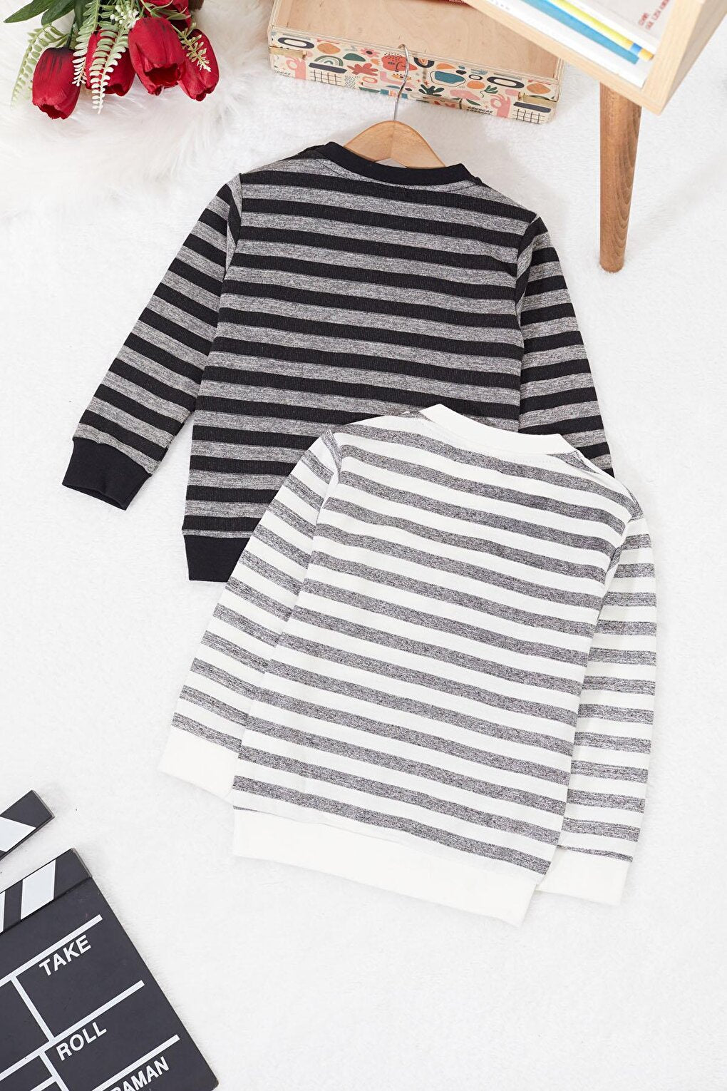 Baby Boy Text Embroidered Striped 2-Piece Sweatshirt Black-Grey 17357