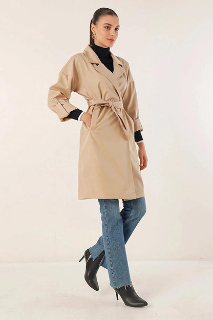 Women's Cream Belted Pocket Lined Double Breasted Collar Short Trench Coat HZL23W-BD191041