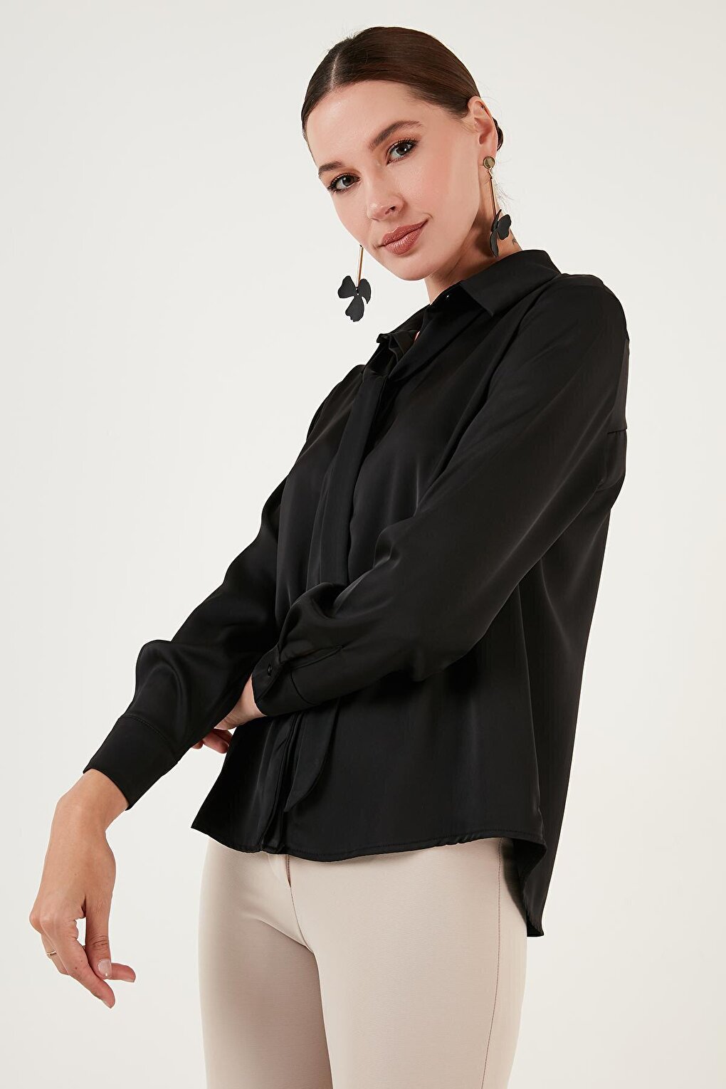 Regular Fit Satin Shirt with Tie Detail 611GO00159