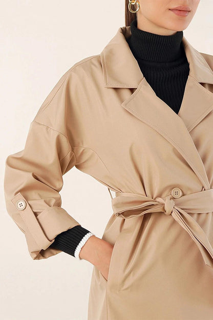 Women's Cream Belted Pocket Lined Double Breasted Collar Short Trench Coat HZL23W-BD191041