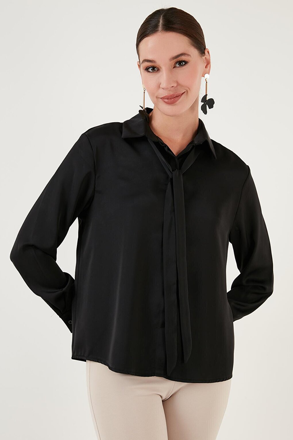 Regular Fit Satin Shirt with Tie Detail 611GO00159