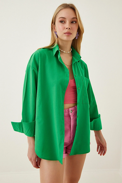 Women's Green Buttoned Back Boyfriend Poplin Shirt HZL22S-BD139521