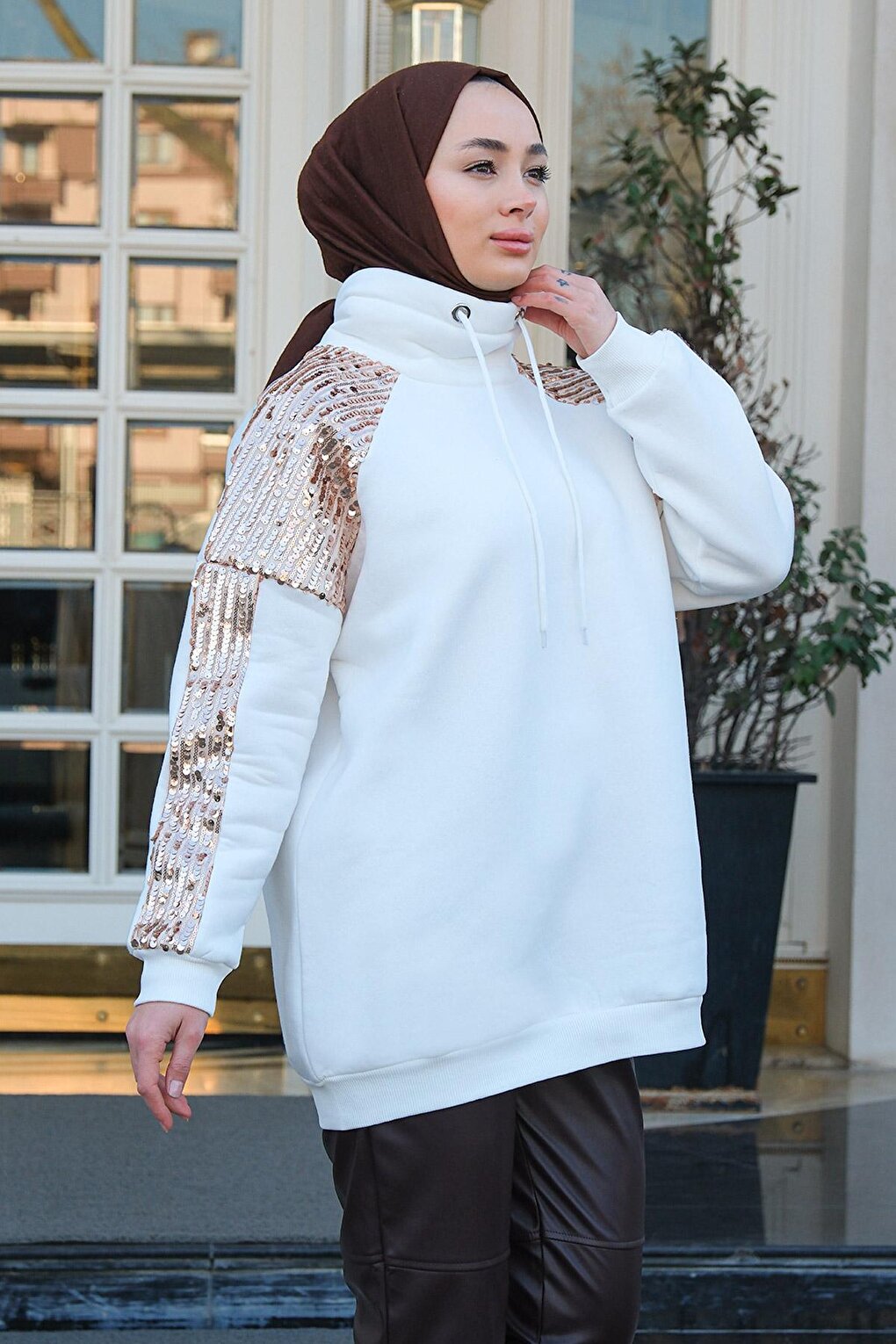 Sequined Shoulders Turtleneck Tunic White