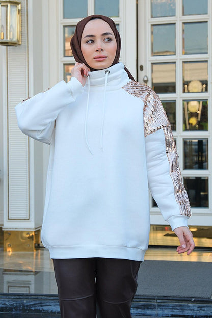 Sequined Shoulders Turtleneck Tunic White