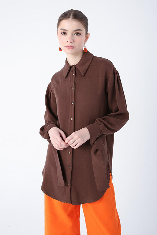 Brown Oversized Natural Fabric Shirt Tunic with Slits and Tie Detail on Sleeves