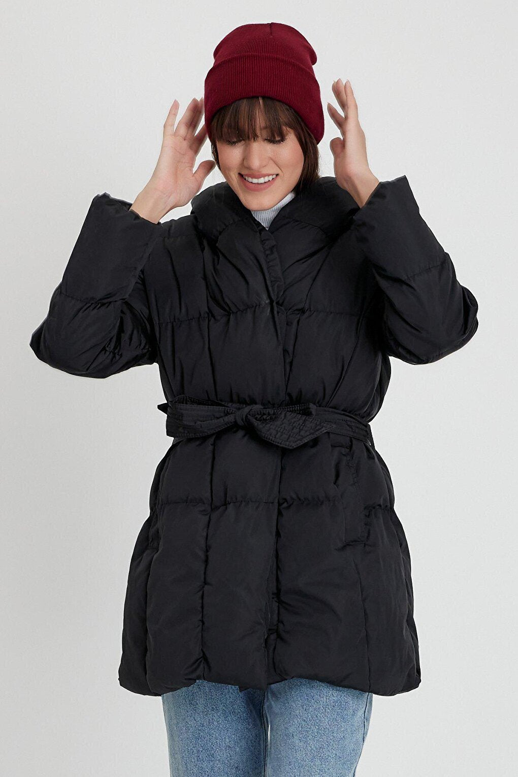 Hooded Pocket Detailed Belted Puffer Jacket AC-K50154LNS