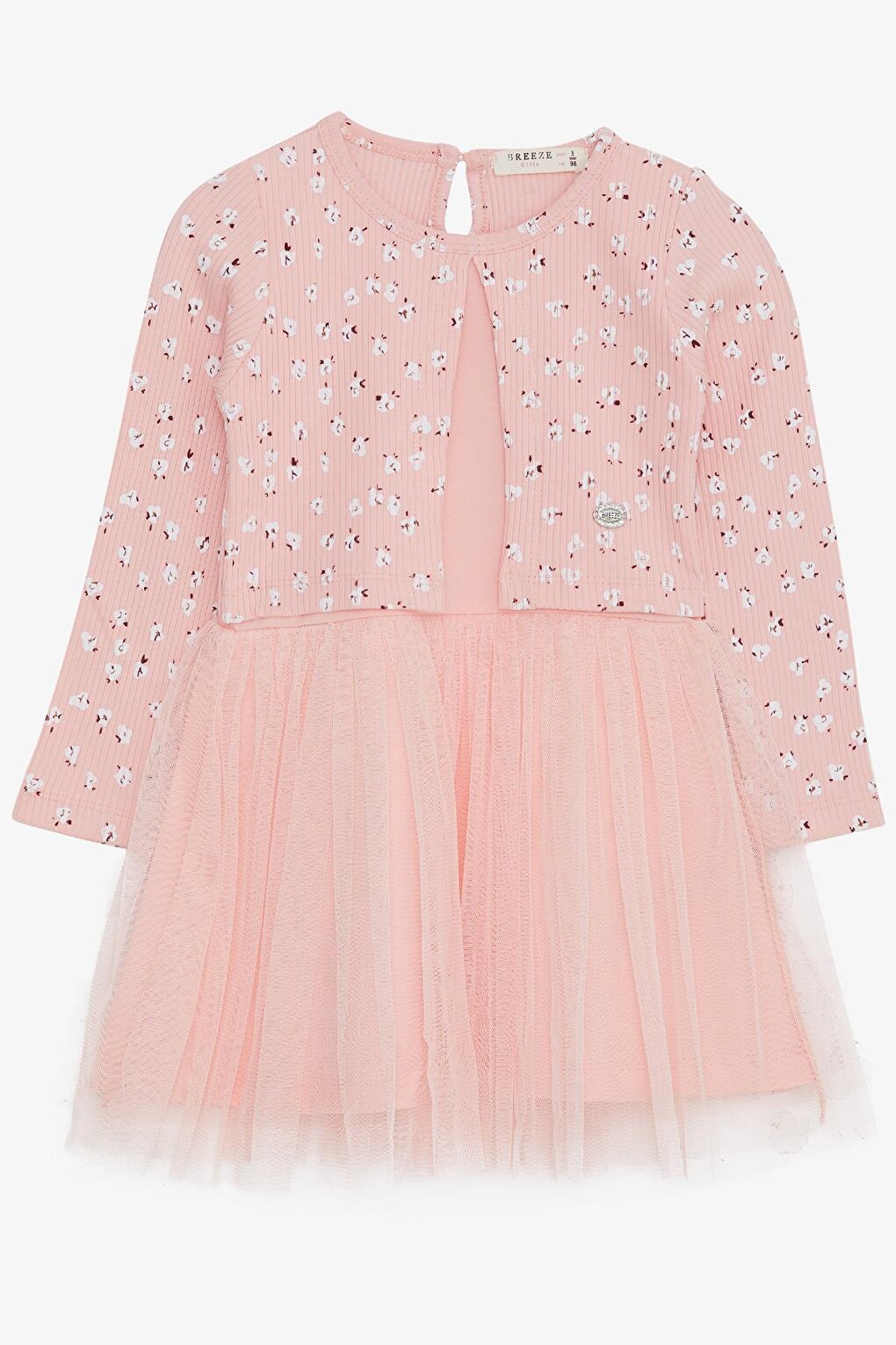 Girl's Long Sleeve Dress Tulle Floral Patterned Salmon (Age 3)