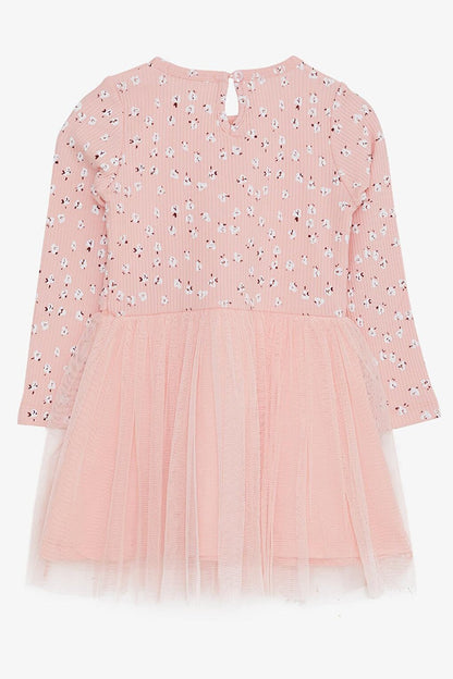 Girl's Long Sleeve Dress Tulle Floral Patterned Salmon (Age 3-8)