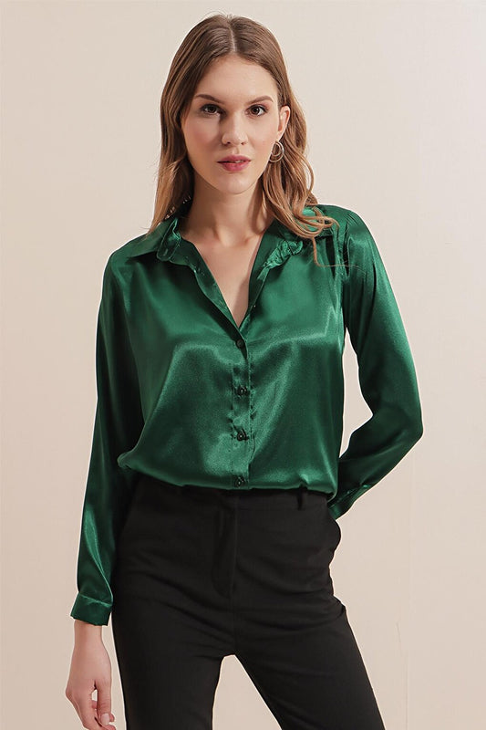 3964 Lightly Flowing Satin Shirt - Emerald Green