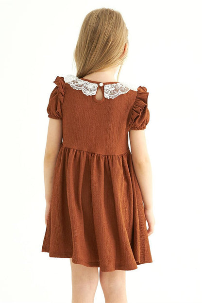 Girl's Brown Colored Crew Neck Lace Dress