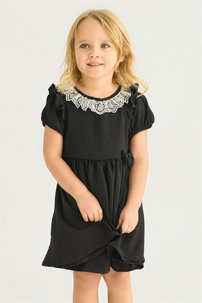 Girl's Black Colored Crew Neck Lace Dress