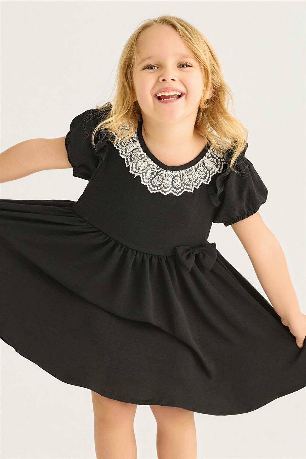 Girl's Black Colored Crew Neck Lace Dress