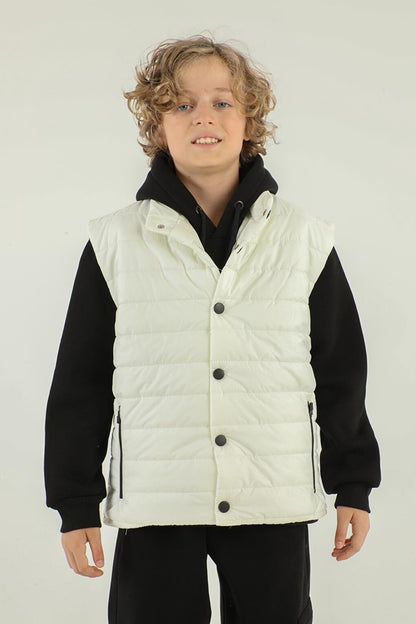 High Collar Zipper Double Pocket Detailed Boy's Puffer Vest