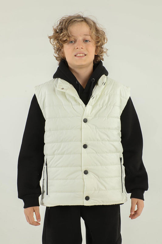 High Collar Zipper Double Pocket Detailed Boy's Puffer Vest