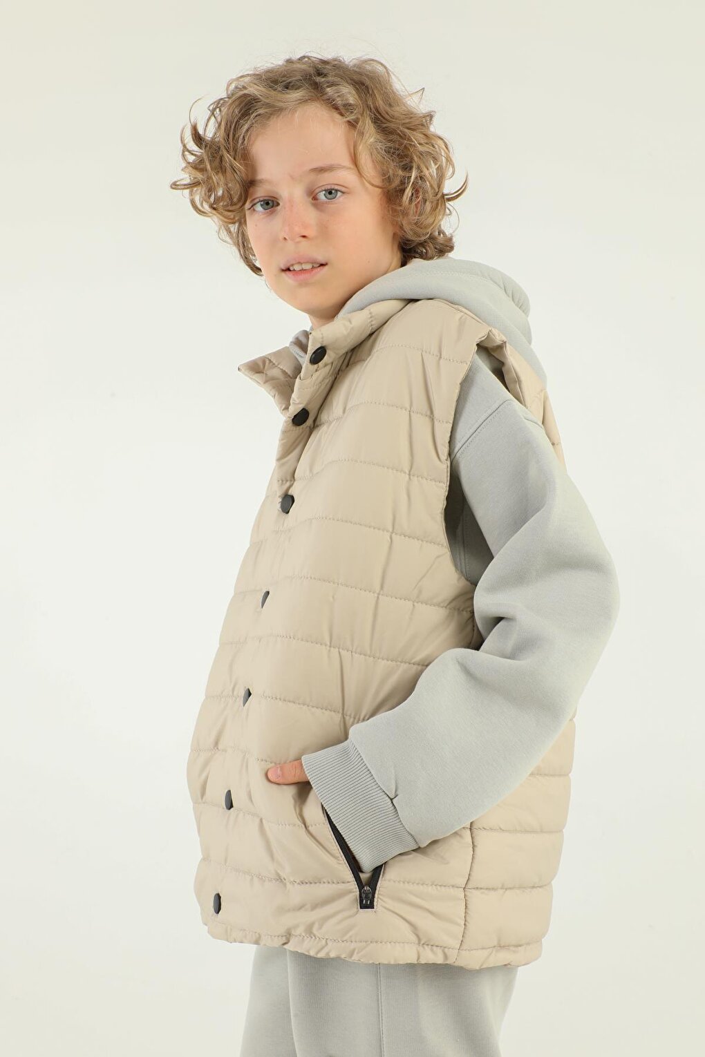 High Collar Zipper Double Pocket Detailed Boy's Puffer Vest