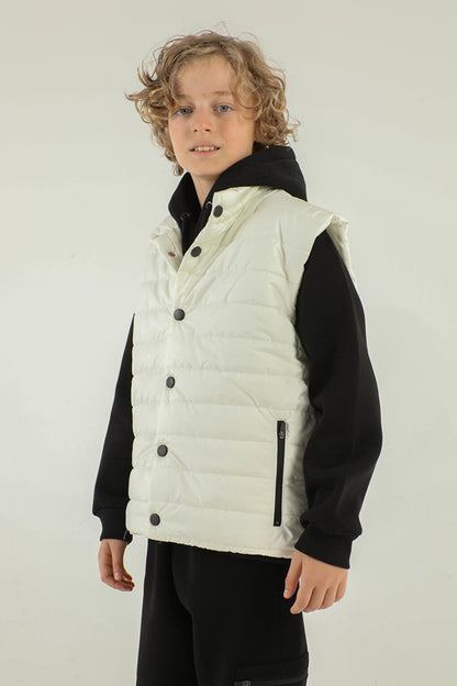 High Collar Zipper Double Pocket Detailed Boy's Puffer Vest