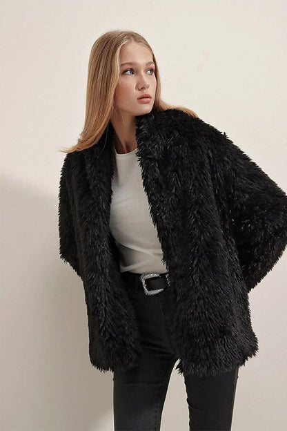 Women's Black Stylish Lined Plush Faux Fur Coat HZL23W-BD190881