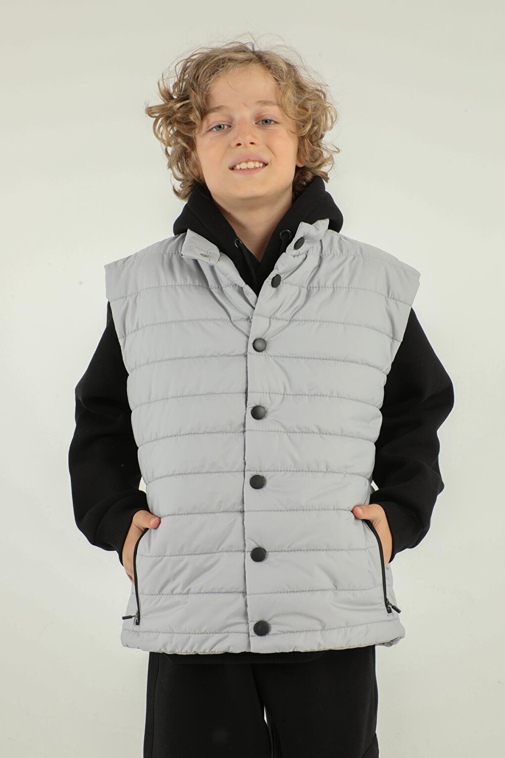 High Collar Zipper Double Pocket Detailed Boy's Puffer Vest