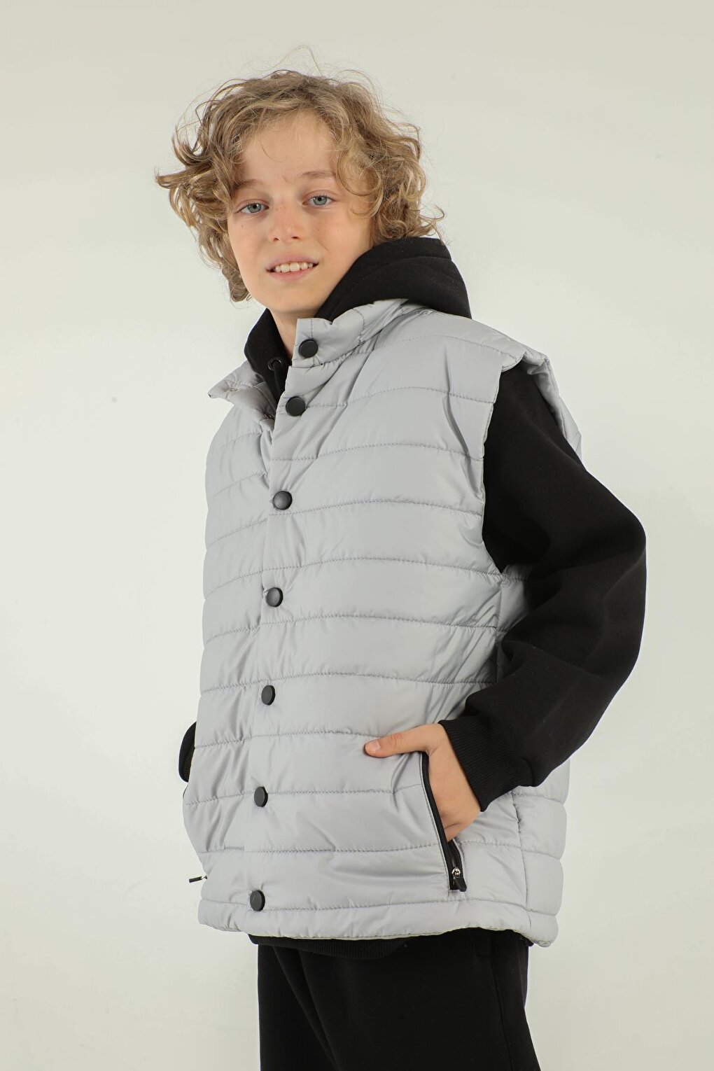 High Collar Zipper Double Pocket Detailed Boy's Puffer Vest