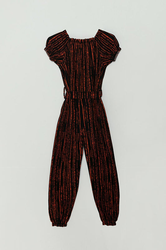 Elasticated Collar Belted Striped Girl's Jumpsuit