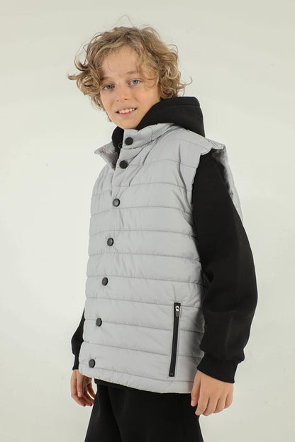 High Collar Zipper Double Pocket Detailed Boy's Puffer Vest