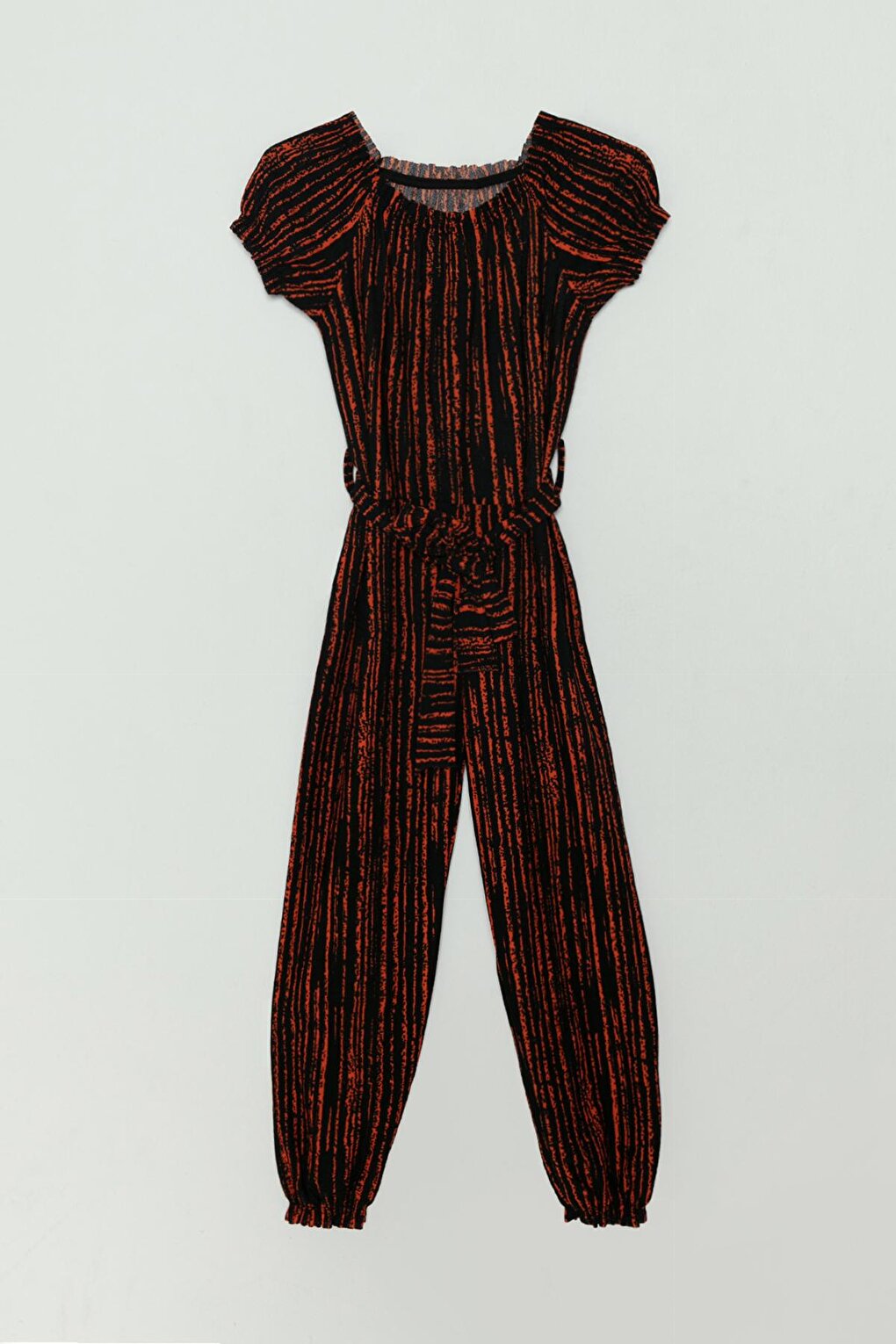 Elasticated Collar Belted Striped Girl's Jumpsuit