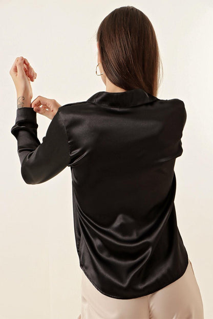 20112 Gathered Satin Shirt - Black