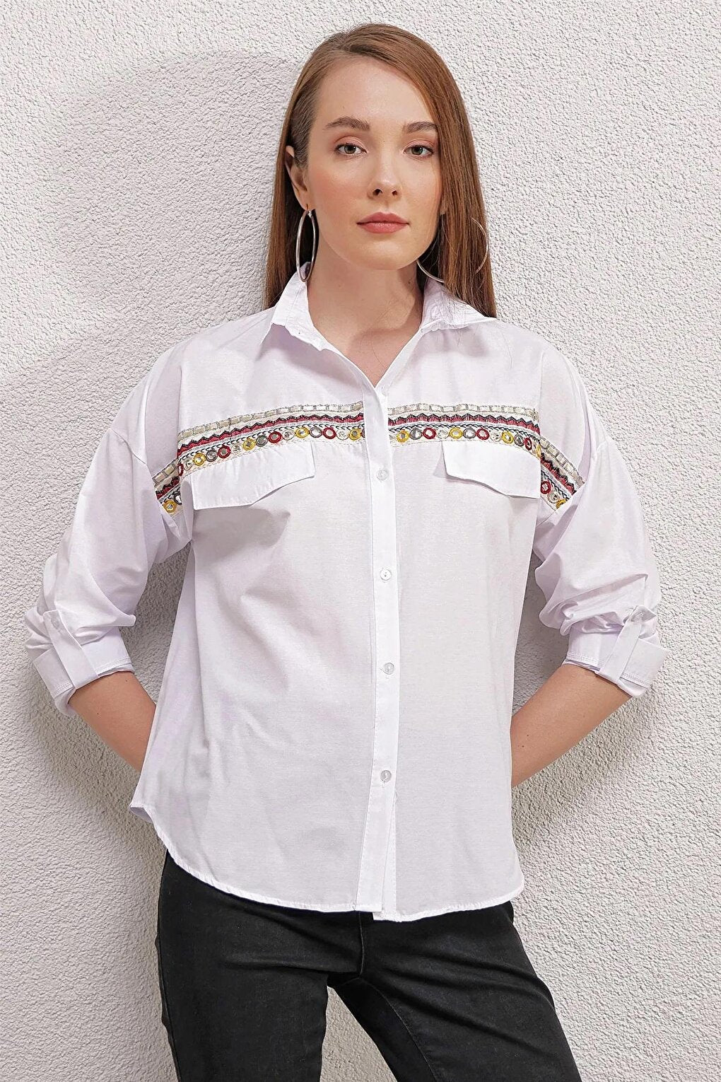 Women's White Embroidery Detailed Poplin Shirt HZL23S-BD1201471