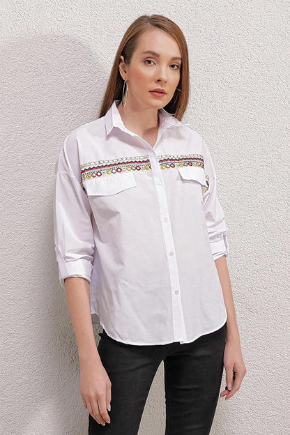 Women's White Embroidery Detailed Poplin Shirt HZL23S-BD1201471