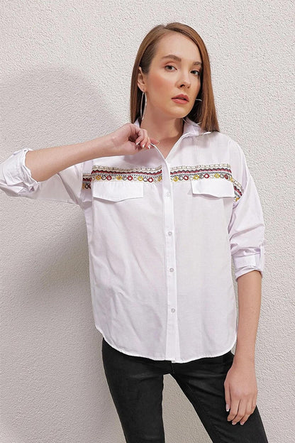 Women's White Embroidery Detailed Poplin Shirt HZL23S-BD1201471