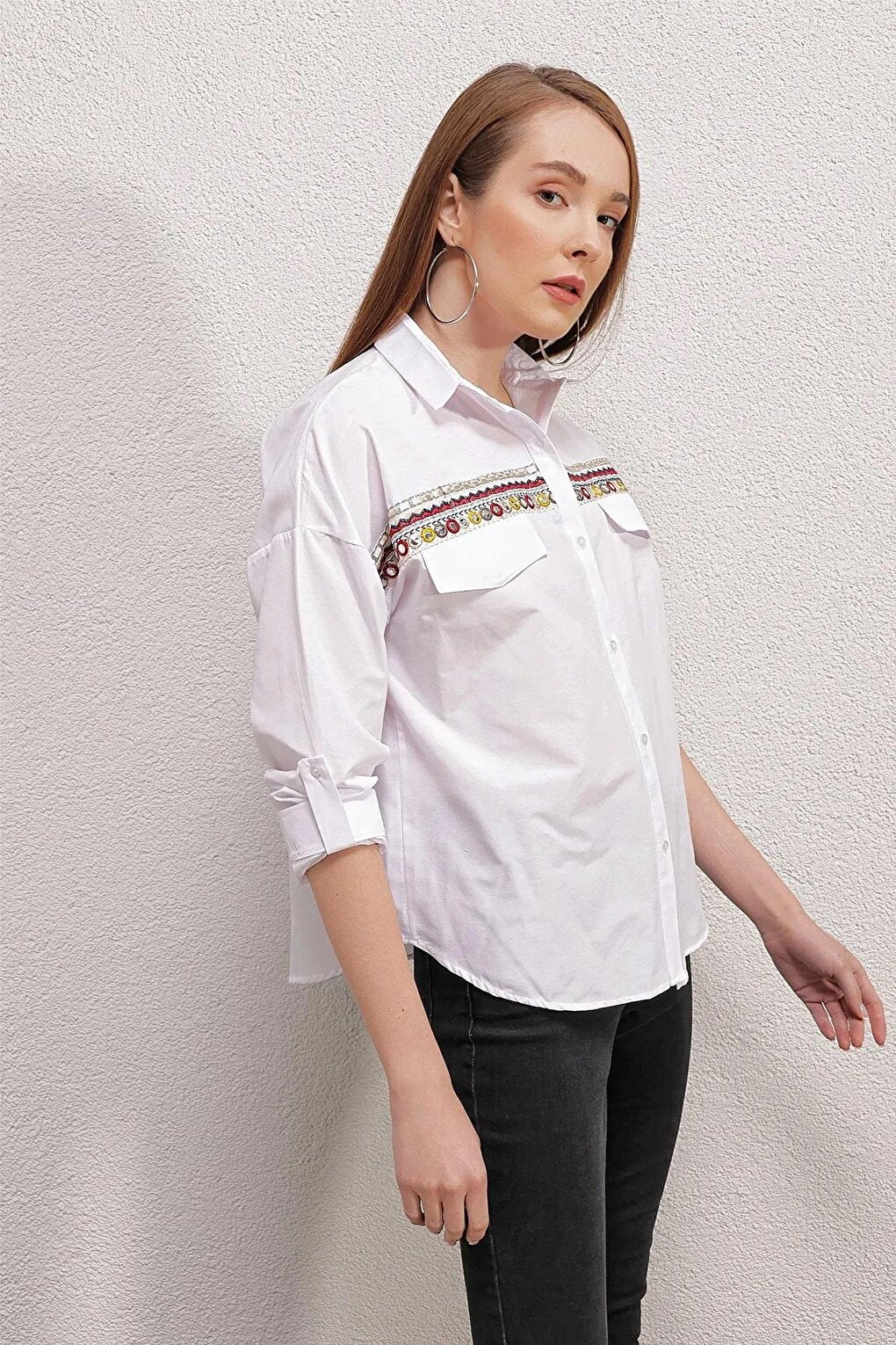 Women's White Embroidery Detailed Poplin Shirt HZL23S-BD1201471