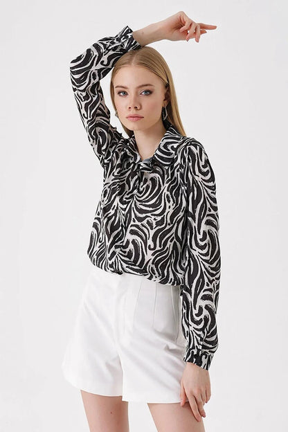 Women's Black and White Graffiti Patterned Fit Viscose Shirt HZL23W-BD137851