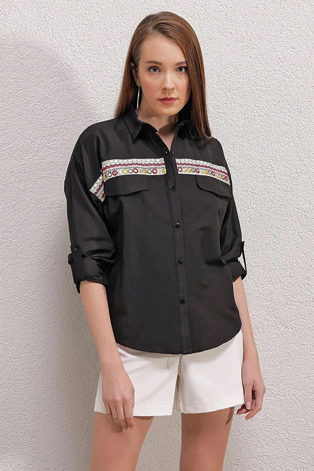 Women's Black Embroidery Detailed Poplin Shirt HZL23S-BD1201471