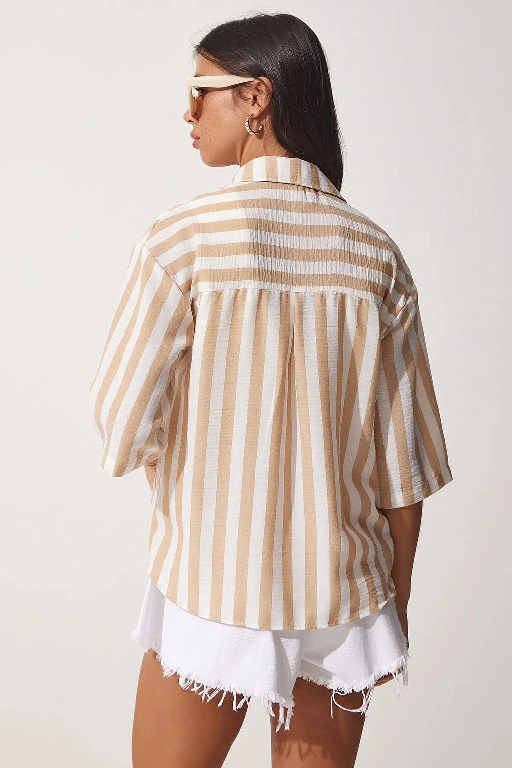 Women's Cream Striped Linen Viscose Shirt HZL23S-BD1201721