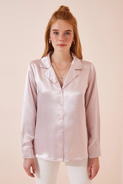 Women's Powder Lightly Draped Satin Surface Jacket Collar Shirt HZL22W-BD1201401